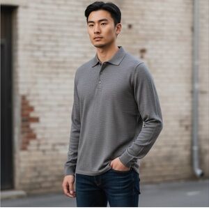 Country Road long-sleeve polo shirt in grey traceable Australian merino wool